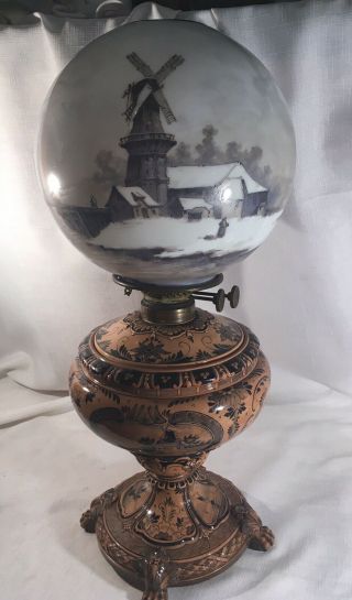 Antique Royal Bonn Delft Kerosene Lamp Baccarat Glass Shade Dutch Scenes Gwtw