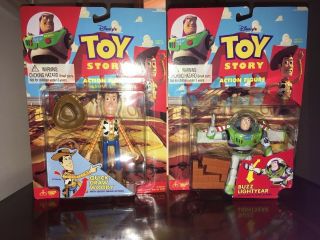 2 Vtg Toy Story Action Figures,  Quick Draw Woody,  Karate Chop Buzz Nip