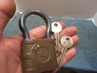 Old Brass Yale Padlock Lock With Very Rare Odd Shaped Shackle W/2 Keys