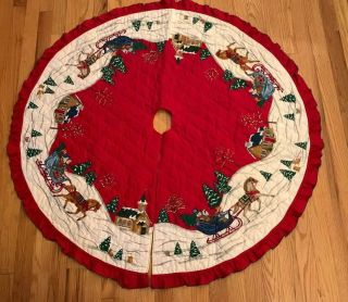 Vtg Handcrafted Quilted Dashing Through The Snow Christmas Tree Skirt