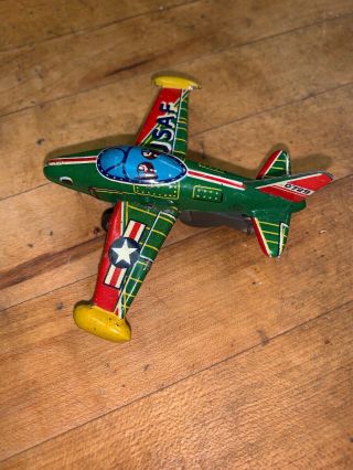 Vintage Japan Tin Toy Plane 0729 United States Air Force Usaf Green Yellow Red