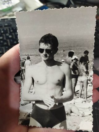 Vintage Photo Swimsuit Soldier Buddy Boy Man Bulge Beach Snapshot Gay Int M03