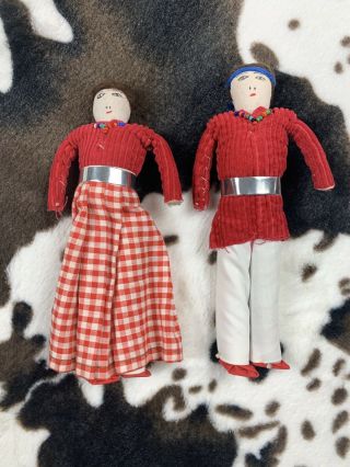 Pair Vintage 1920s Native American Indian Navajo Cloth Dolls Clothes Nm