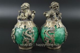 Miao Silver Carve Kylin & Dragon Phoenix Inlay Green Jade Lucky Pair Statue B01