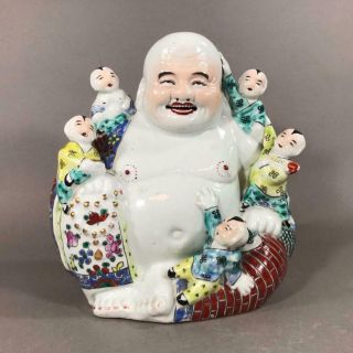 Chinese Famille Rose Porcelain Happy Buddha Figure With Five Children,  8 " Tall