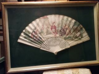Hand Painted 19th Century French Victorian Pierced Gilded Mother Of Pearl Fan
