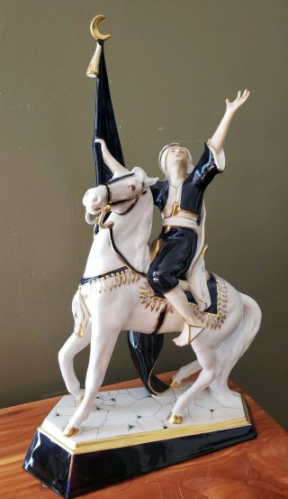 Ultra Rare Antique Cobalt Royal Dux Man Riding Arab Horse Crescent Moon Flag 20 "