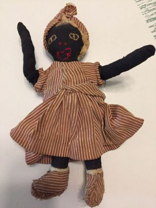 Vintage Primitive Folk Art Black & Red Cloth Rag Doll - - Small Handmade