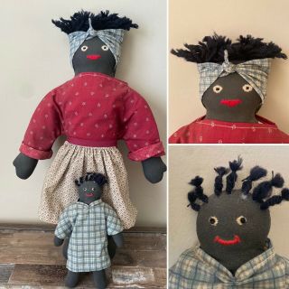 Vtg Black Samantha And Polly Baby Doll Americana Handmade Cloth Dolls Set Of 2