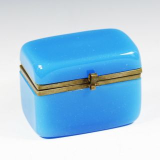 Antique French Blue Opaline Glass Hinged Jewelry Casket Box Gild Bronze Mounts