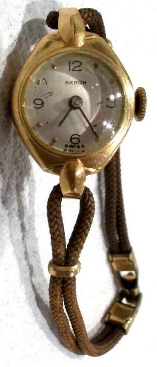 Vintage Akron Swiss Ladies Watch 14k Gold Case Len Gf Clasp Not 6.  5 Inch