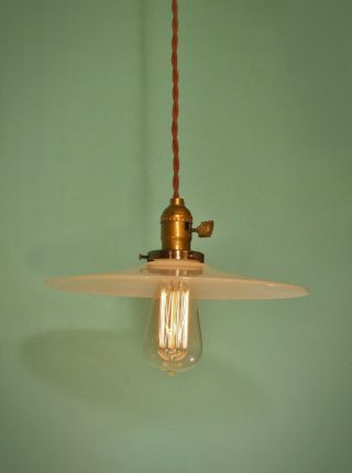 Vintage Industrial Hanging Light W/ Flat Lamp Shade - Machine Age Milk Glass