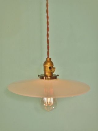 Vintage Industrial Hanging Light w/ Flat Lamp Shade - Machine Age Milk Glass 2