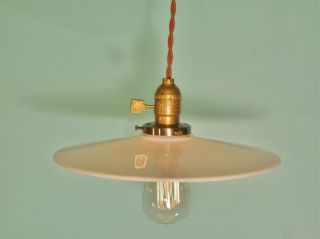 Vintage Industrial Hanging Light w/ Flat Lamp Shade - Machine Age Milk Glass 3