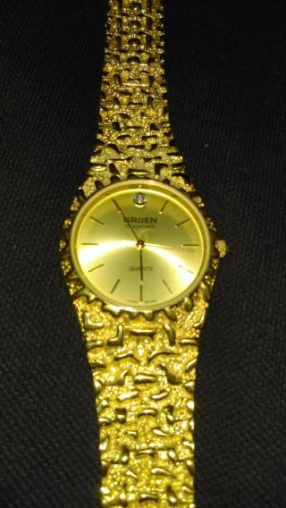Vintage Mens Gruen Diamond 14kt.  Gold Nugget Watch 225 - 2035 Water Resistant