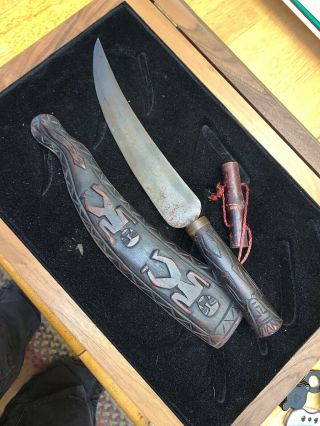 Vintage Antique Tribal Knife/dagger Carved Wood Handle & Sheath Skinning Knife