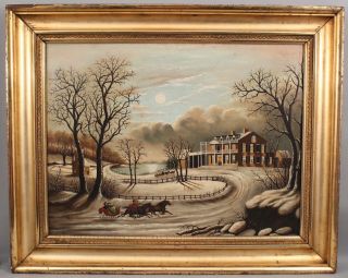 19thc Antique American Folk Art Winter Sleigh Oil Painting Large Gold Gilt Frame