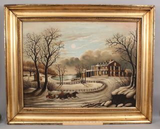 19thC Antique American Folk Art Winter Sleigh Oil Painting Large Gold Gilt Frame 2