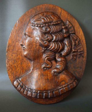 Antique French Carved Oak Wood Wall Medallion Panel Of Lady Profile Portrait