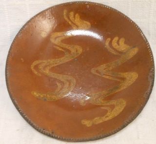 Great Antique Pennsylvania Slip Decorated Redware Plate,  10 1/2