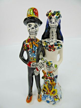 Couple Bride & Groom Catrina Mexican Talavera Day Of The Dead,  Colorful Folk Art