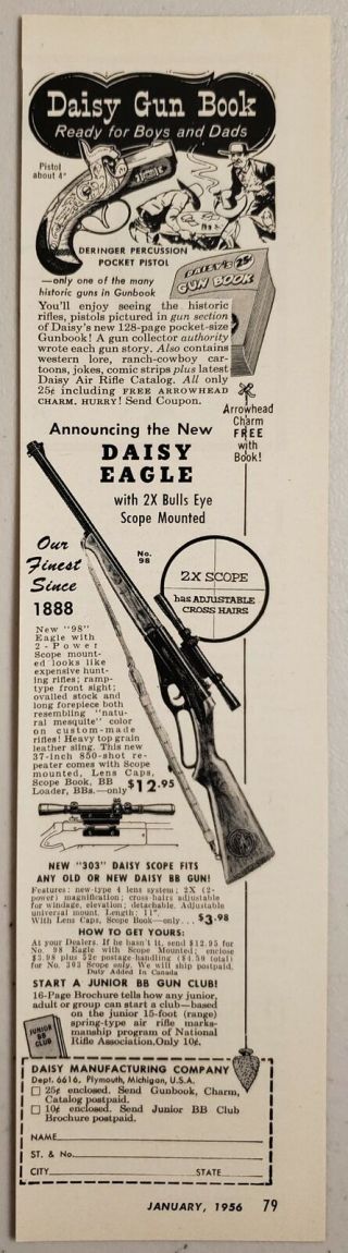 1956 Print Ad Daisy Eagle Bb Gun Rifles & Derringer Pocket Pistols Plymouth,  Mi