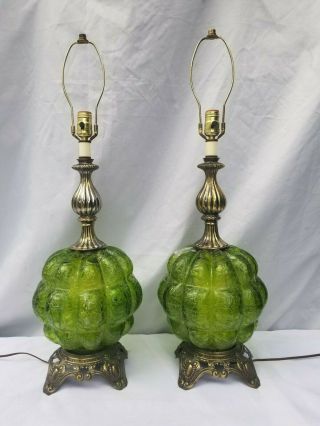 Pair Vintage Green Filmed Crackled Glass Table Lamps W/ Night Light Mid Century