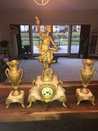 Fancy Antique French Statue Marble 3 Piece Clock Set Urns / Garniture Lady Cast