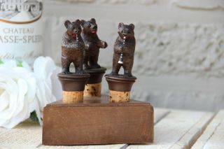 Antique Black Forest Set 3 Wood Carved Bear Bottle Stopper Corks