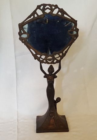 Bronzed Metal Vintage Art Nouveau Antique Maiden Design Table Mirror