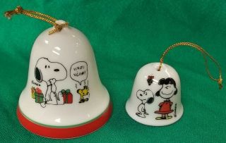 2 Vintage Snoopy/peanuts Porcelain Christmas Bell,  Large And Small,  Woodstock/lucy