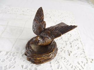 Antique Wood Carved Black Forest Bird On Nest - Walnut