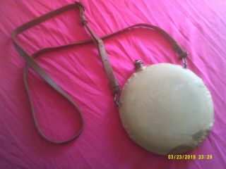 1912 Tin Plated,  Steel Canteen With Leather Sling.  Made By Campbell Cello