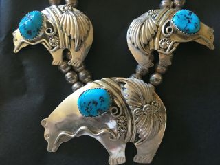Vintage Squash Blossom Necklace Turquoise Sterling Silver Bear Native American