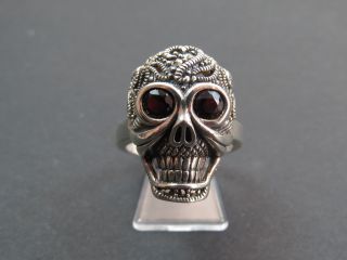 Vintage Sterling Silver Marcasite & Paste Skull Ring C.  2000