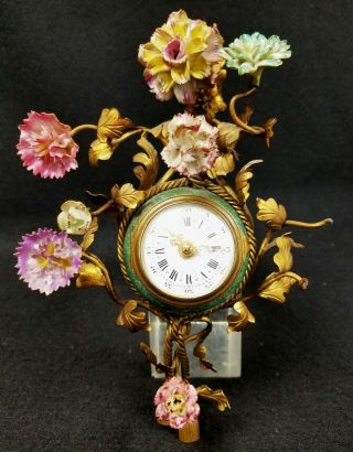 Antique 19th C.  Continental Clock Bronze Mounted Pottery Body Porcelain Face