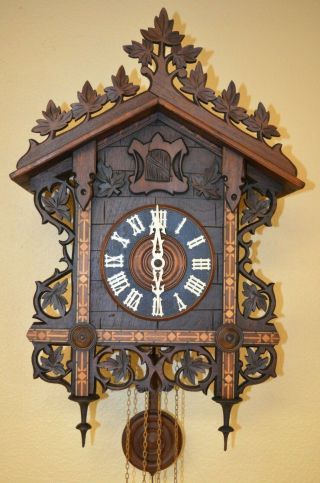 Antique German Black Forest Train Style Cuckoo Clock With Inlay Early 1900 