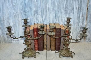Antique Pair French Bronze Candelabras Three Arm Candle Holders Art Nouveau
