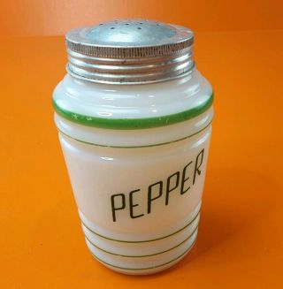 Vintage Milk Glass Pepper Shaker Aluminum Lid 4.  75 " Tall White W/green Stripes