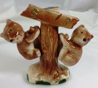 Vtg,  Salt & Pepper Shakers,  Brown Bears On A Tree Stump Holder,  Very Cute