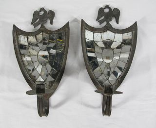 Vintage Antiqued Shield Mirror Tin Candle Wall Sconces Federal Eagle Finials Yqz