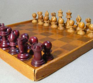 Small Antique Chess Set In Wood Box Marked Alvan L Lovejoy Boston
