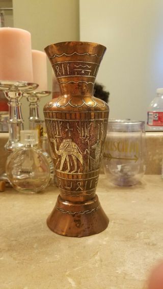 Antique Egyptian Brass With Silver Inlay 8inch Vase - Vintage