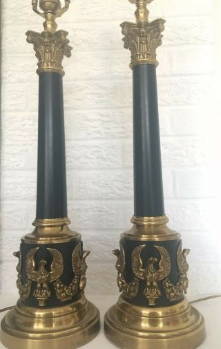 Neoclassical Empire Style Black Column Lamps With Brass Eagles