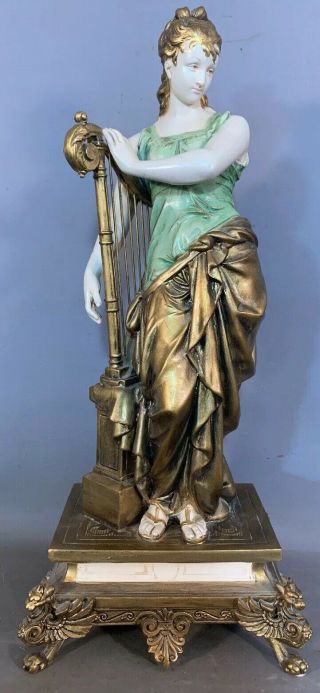 Antique French Art Nouveau Style Lady & Music Harp Old Goddess Statue Sculpture