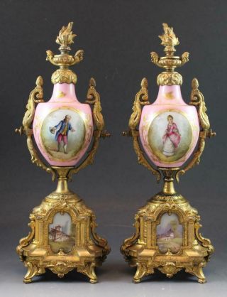 Pair C1890 French Old Paris Porcelain Gilt Bronze Mtd Garnitures Pompadour Pink