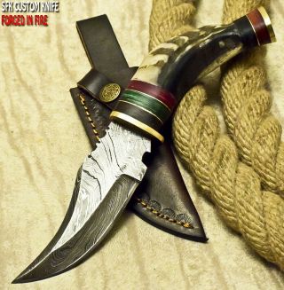 Sfk Cutlery Custom Handmade Damascus Fixed Blade Hunting Skinner Knife Rams Horn