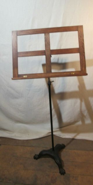Antique Oak Music Stand With Cast Iron Feet