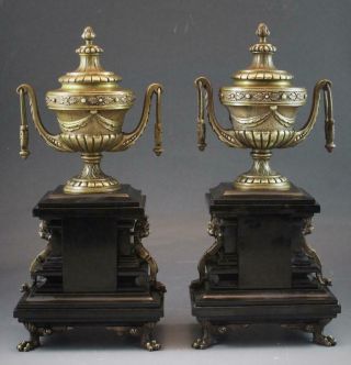 Pair C1890 French Bronze & Black Slate Urn Garnitures W/ Cherubic Figures
