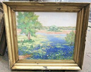 Antique American Impressionist Texas Bluebonnet Signed Landscape Oil Painting